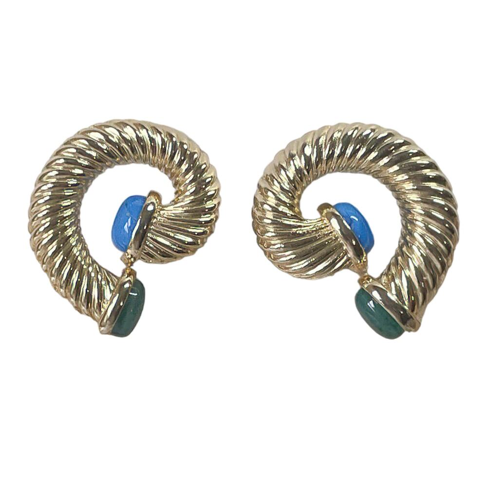 1990s Vintage Gold Plated Clip Earrings: Blue & Green Art Glass